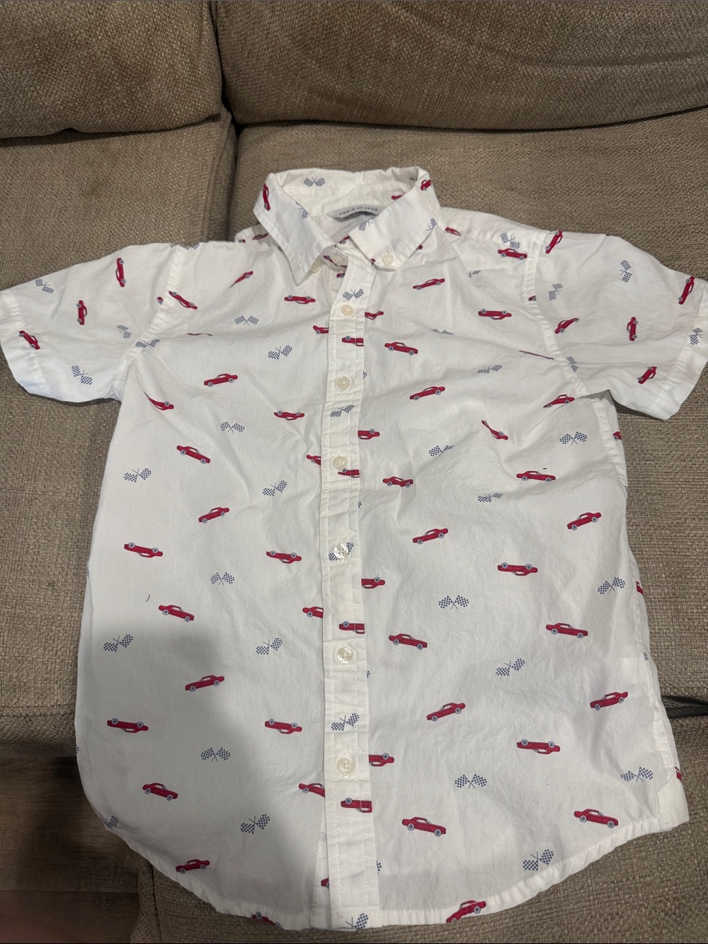 Janie and Jack White Short-Sleeve Button-Down with Red Car Print with Blue short